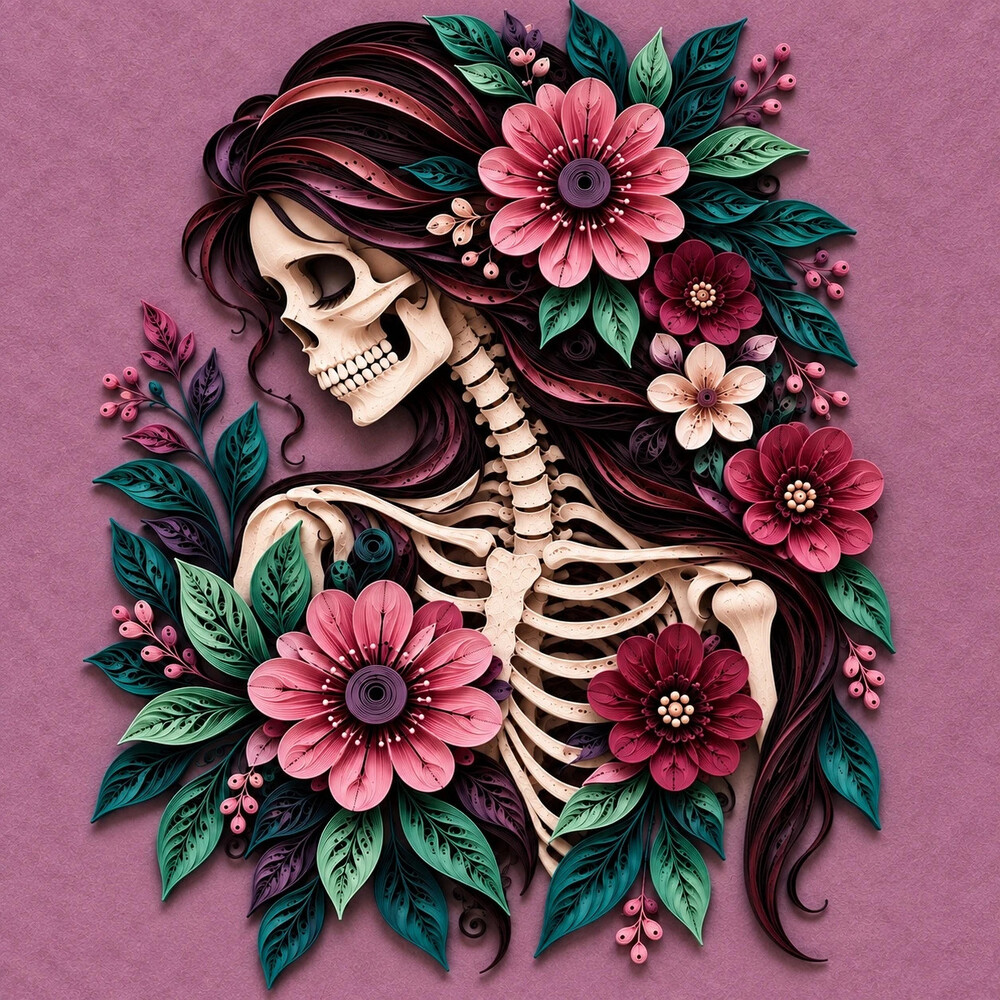 8x10 Framed Floral Skeleton Woman Pink Gothic Quilling Art Print